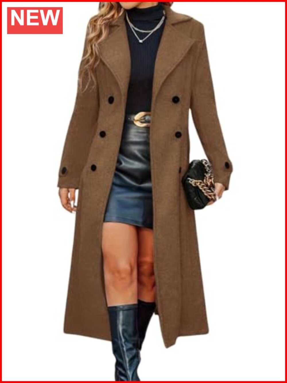 Women's Double Breasted Midi Long Wool Blend Coat Business Casual Notch Lapel
